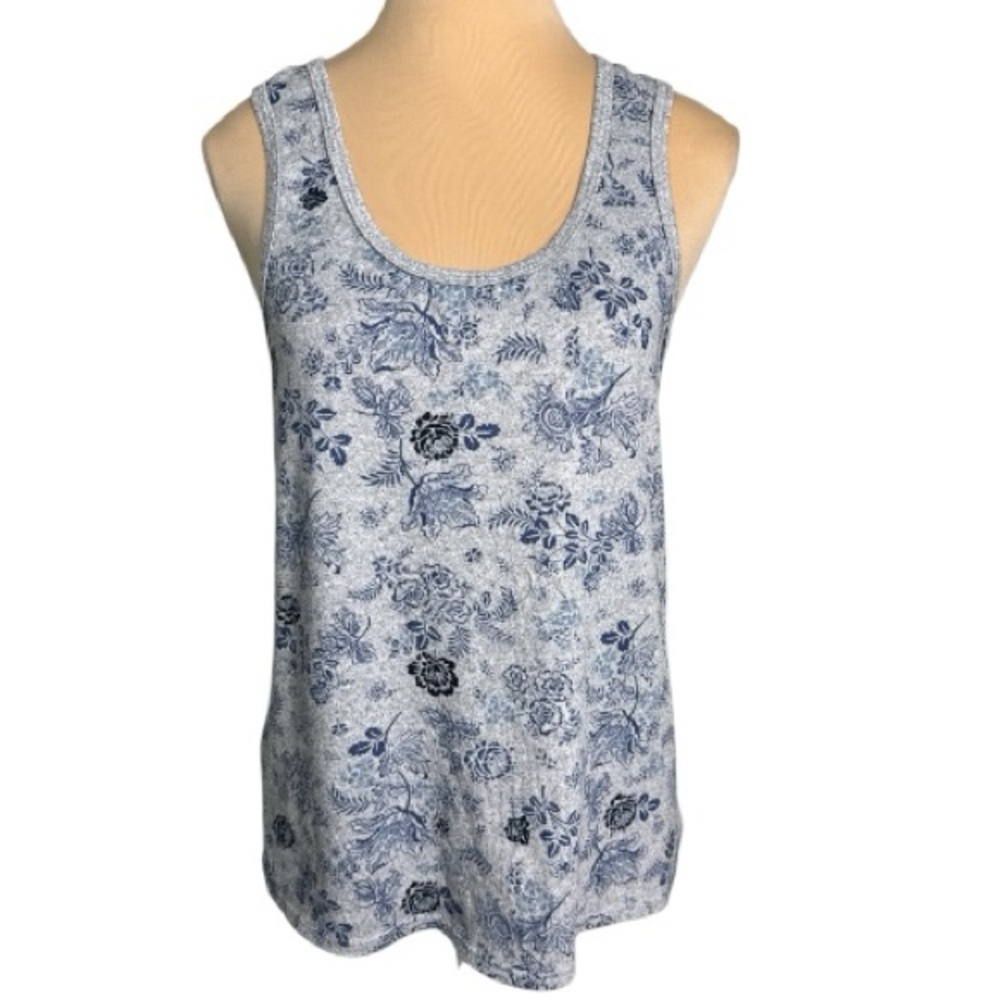 Lucky Brand Gray with Blue Floral Print Sccop Neck Tank Top Size Medium
